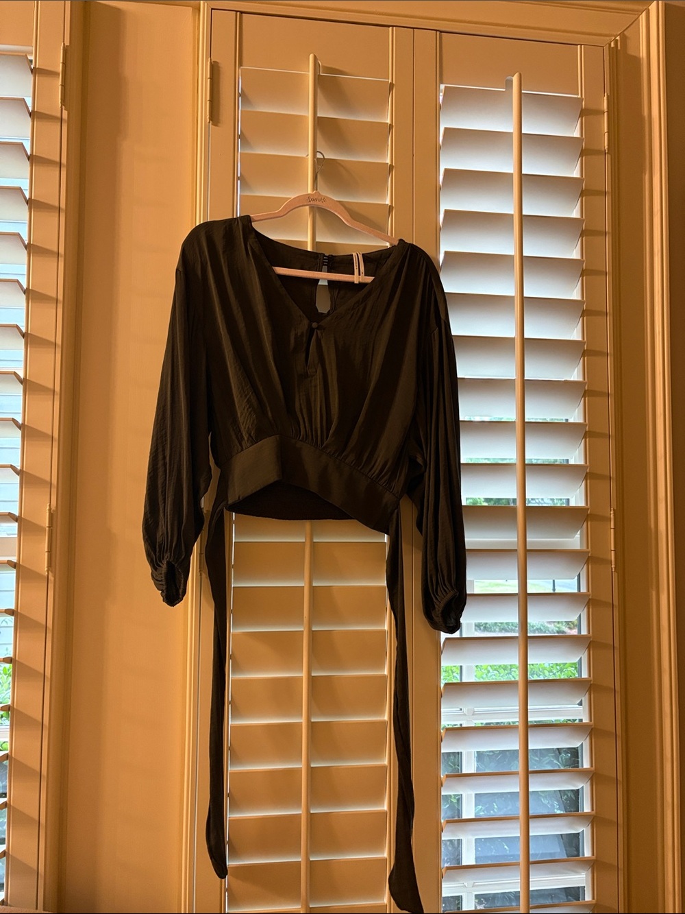 Anthropologie Black Long-Sleeve Tie-Back Crop Top